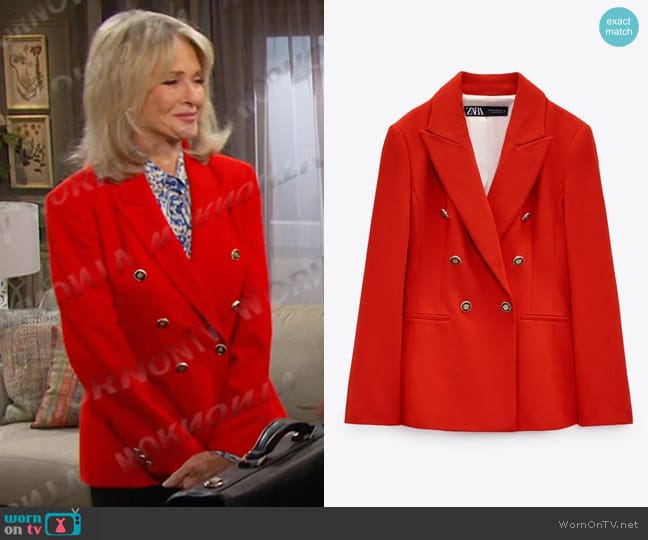 Zara Tailored Double Breasted Blazer in Red worn by Marlena Evans (Deidre Hall) on Days of our Lives