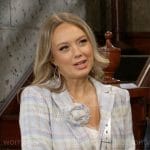 Abby’s blue plaid tweed blazer with flower on The Young and the Restless