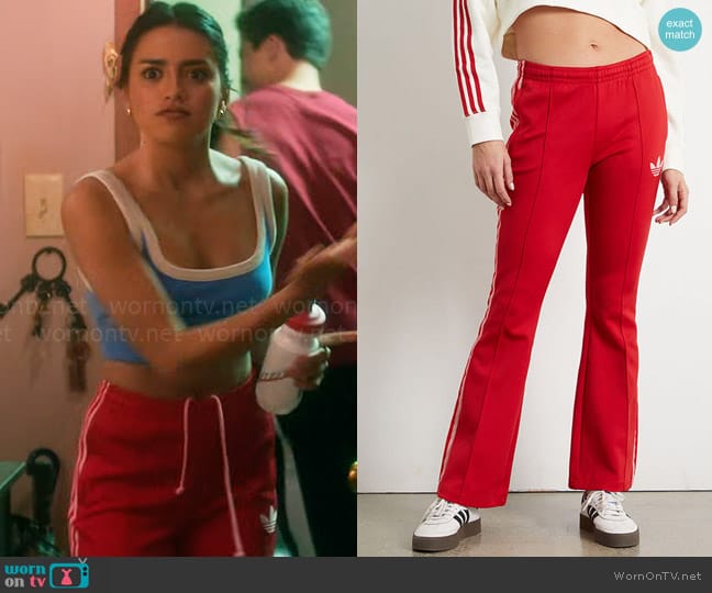 Adidas Recycled Red Heritage Now Flared Track Pants worn by Noa Olivar (Maia Reficco) on Pretty Little Liars Original Sin