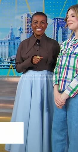 Adjoa Andoh’s brown shirt and blue midi skirt on Good Morning America