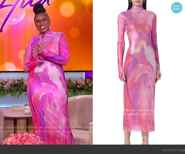 AFRM Shailene Foil Dress in Painted Orchid worn by Jennifer Hudson on The Jennifer Hudson Show