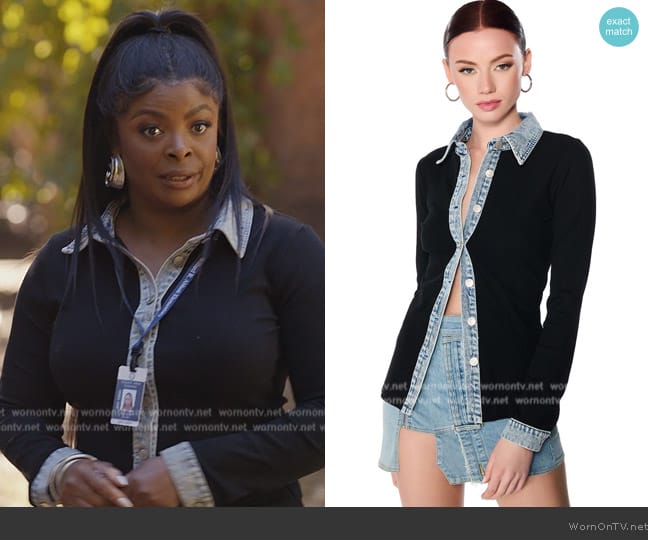 Shop Akira Rib Knit Denim Trim Shirt worn by Ava Coleman (Janelle James) on Abbott Elementary