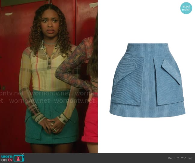 Aknvas Cherry Corduroy A-Line Mini skirt worn by Faran Bryant (Zaria) on Pretty Little Liars Original Sin