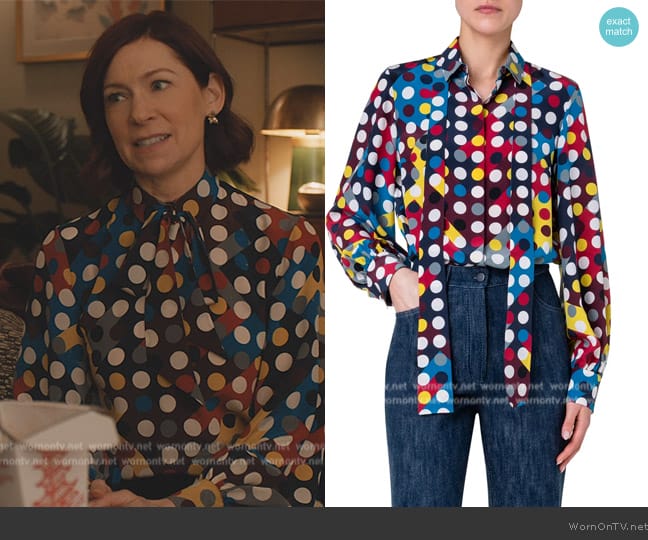 Akris Punto Polka Dot Print Tie Neck Silk Crêpe de Chine Blouse worn by Elsbeth Tascioni (Carrie Preston) on Elsbeth