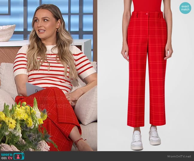 Akris Punto Chiara Window Check Cotton-Blend Canvas Straight Ankle Pants worn by Camilla Luddington on The Talk