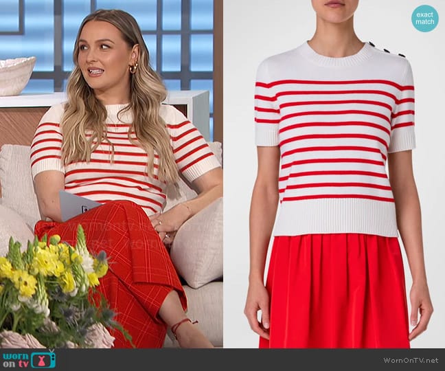 Akris Punto Kodak Stripe Short-Sleeve Button-Shoulder Cashmere Sweater worn by Camilla Luddington on The Talk