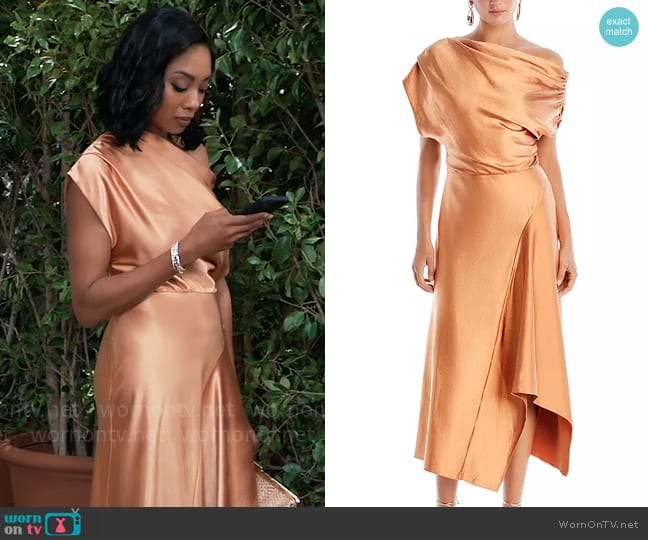 A.L.C. Jasmine Asymmetric Midi Dress in Sandstone worn by Jordan Ashford (Tanisha Mariko Harper) on General Hospital