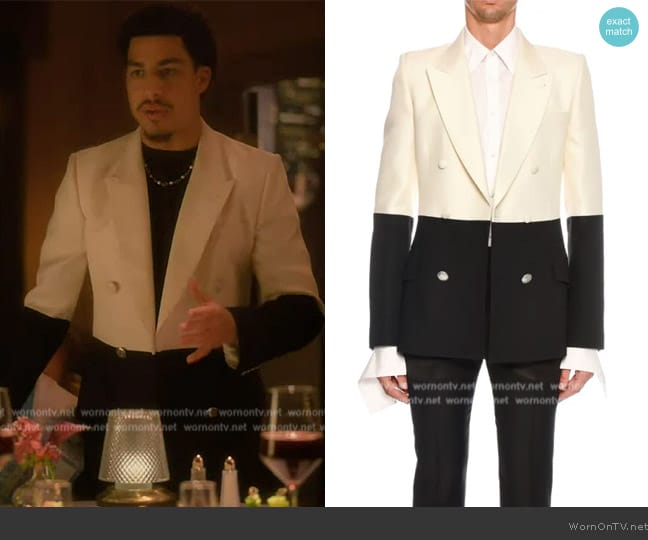 Alexander McQueen Diced Two-Tone Double-Breasted Jacket worn by Andre Johnson, Jr. (Marcus Scribner) on Grown-ish