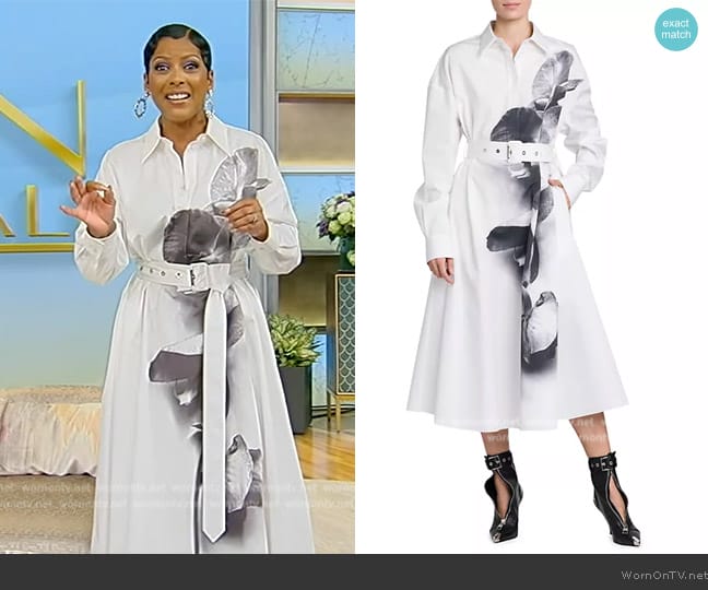 Alexander McQueen Orchid-Print Poplin Belted Midi Shirtdress worn by Tamron Hall on Tamron Hall Show