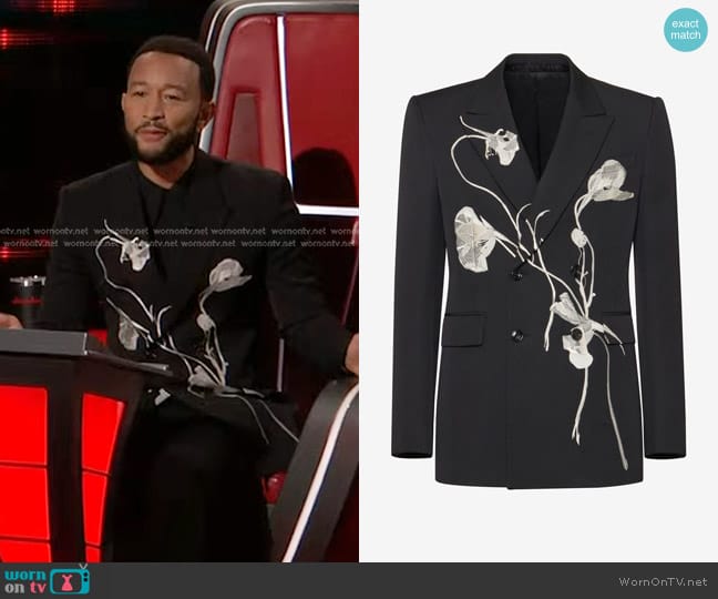 Alexander McQueen Pressed Flower Double-breasted Jacket in Black worn by John Legend on The Voice