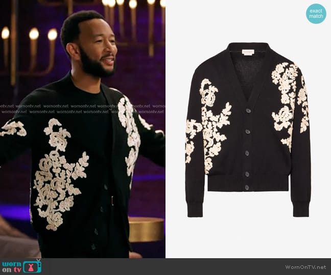 Alexander McQueen Floral Embroidery Cardigan in Black/ivory worn by John Legend on The Voice