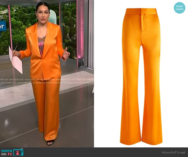 Alice + Olivia  Deanna High Waist Pant in Tangerine worn by Morgan Radford on NBC News Daily