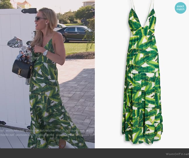 Alice + Olivia Karolina tiered printed crepe de chine maxi dress worn by Jackie Goldschneider on The Real Housewives of New Jersey