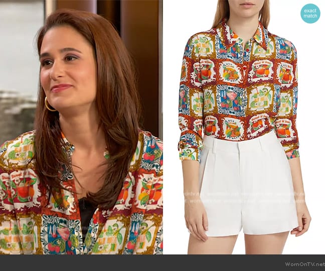 Alice + Olivia Willa Cocktail Silk Shirt worn by Lauren Palmeri on The Drew Barrymore Show