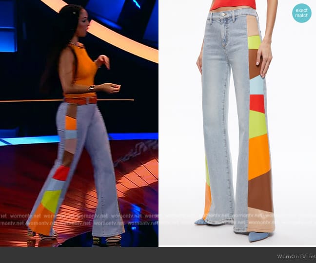 Alice + Olivia Beautiful Vegan Leather Patchwork Flare Jeans worn by Corinne Foxx on Beat Shazam