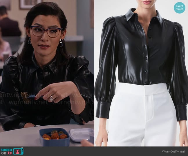 Alice + Olivia Nadine Vegan Leather Blouse worn by Susan (Inga Schlingmann) on So Help Me Todd