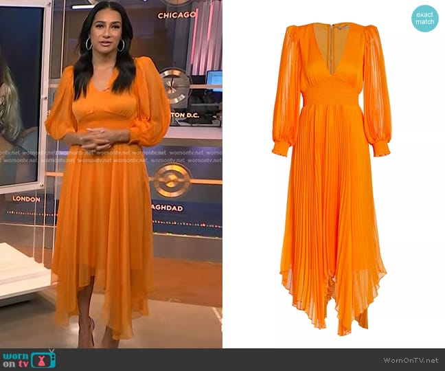 Alice + Olivia Sion Pleated Chiffon Midi Dress in Tangerine worn by Morgan Radford on NBC News Daily