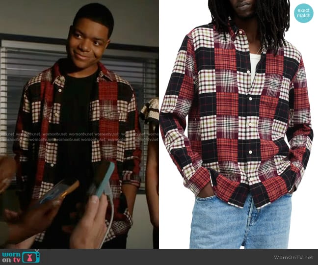 All Saints Patchi Organic Cotton Button-Up Shirt in Sangria Red worn by Harry Grant (Elijah M. Cooper) on 9-1-1