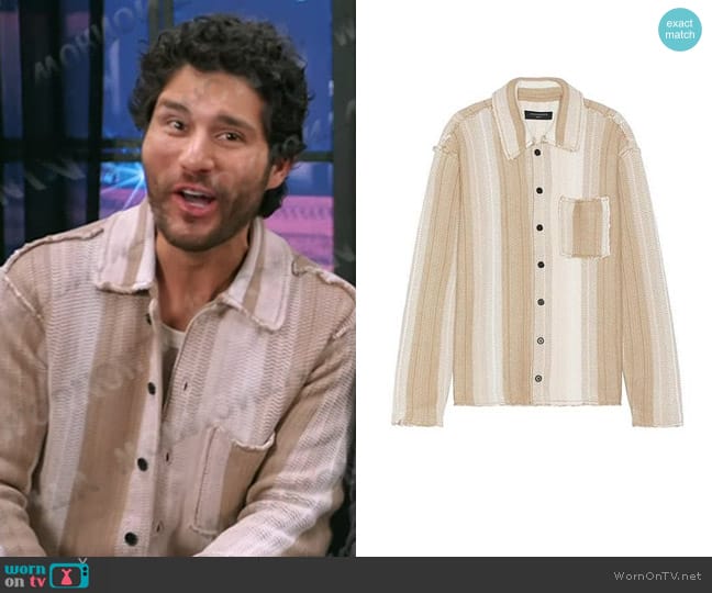 All Saints Truck Stripe Cotton Cardigan in Dust Taupe worn by Dan Smyers on The Voice