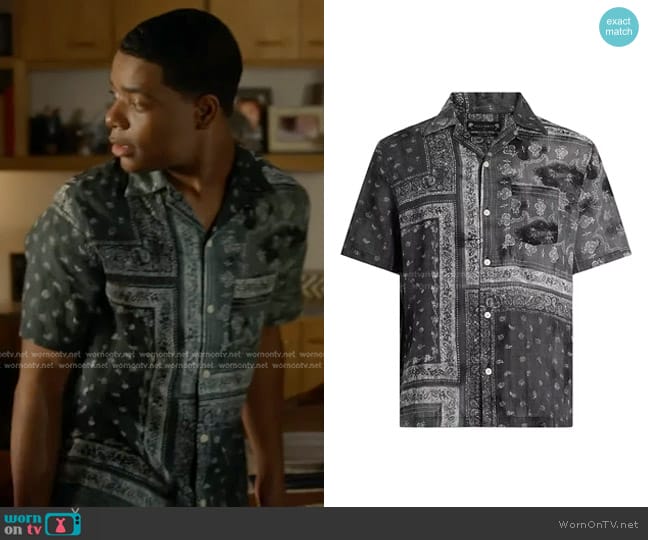 All Saints Tijuana Short Sleeve Button Front Camp Shirt in Jet Black worn by Harry Grant (Elijah M. Cooper) on 9-1-1