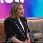 Ally Maki's black cropped blazer and pants with white piping on The Kelly Clarkson Show