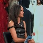 Amanda Garrigus's black off shoulder leather mini dress on E! News