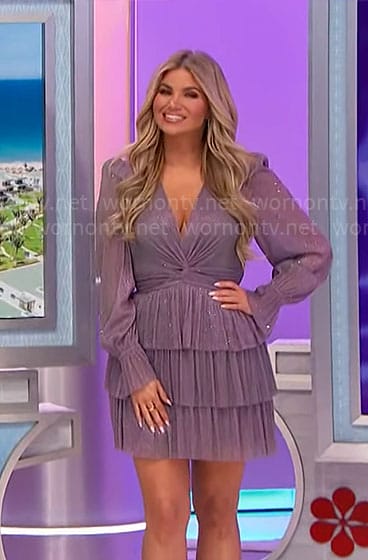 Amber’s purple metallic long sleeved mini dress on The Price is Right