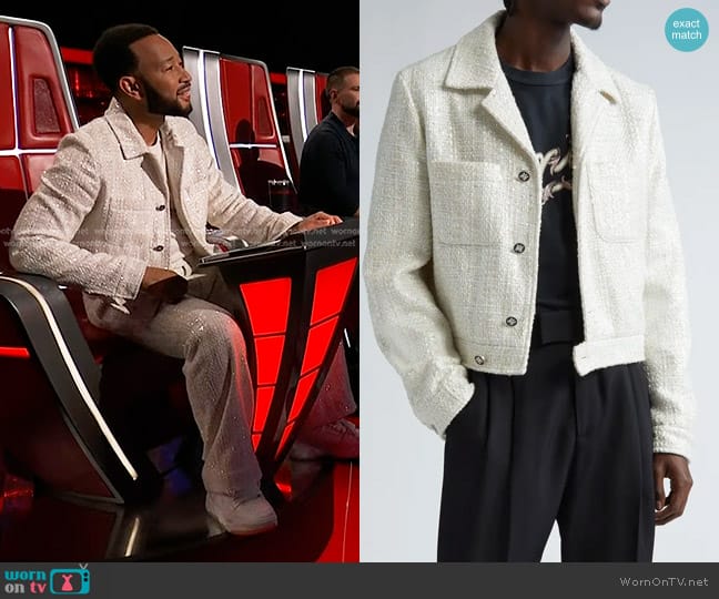 Amiri Sequin Bouclé Shirt Jacket in Alabaster worn by John Legend on The Voice