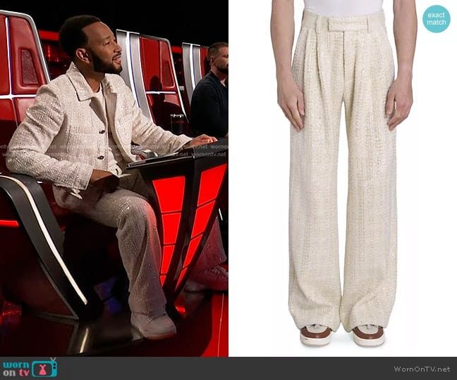 Amiri Sequined Bouclé Straight-Leg Pants in Alabaster worn by John Legend on The Voice