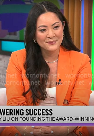 Amy Liu’s orange blazer and shorts set on CBS Mornings