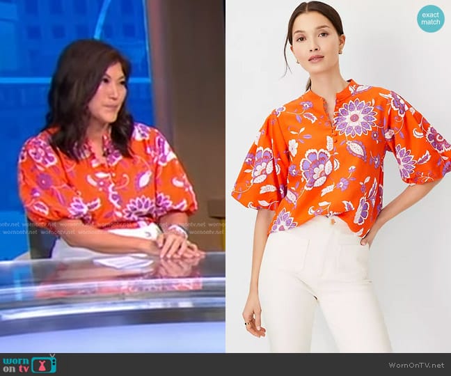 Ann Taylor Floral Cotton Blend Pleated Sleeve Popover in Flame Azalea worn by Juju Chang on Good Morning America