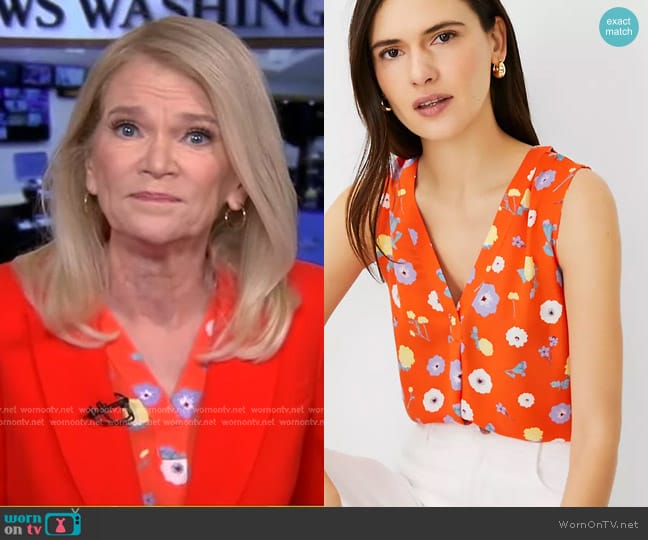 Ann Taylor Floral Mixed Media Pleat Front Top in Orange Spark worn by Martha Raddatz on Good Morning America