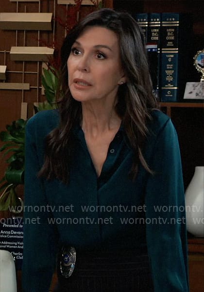 Anna’s dark green button down blouse on General Hospital