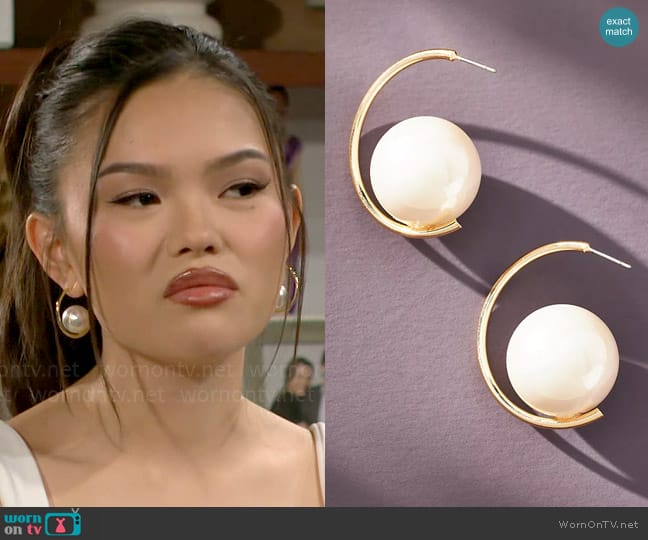 Anthropologie XL Pearl Hoop Earrings worn by Luna (Lisa Yamada) on The Bold and the Beautiful