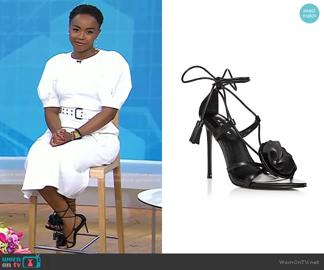 Aqua Flower Ankle Tie High Heel Sandals in Black worn by Zinhle Essamuah on Today