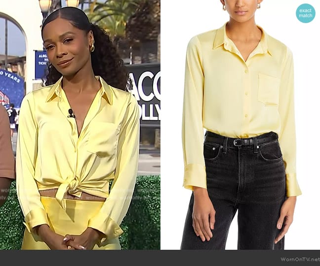 Aqua Satin Button Front Blouse worn by Zuri Hall on Access Hollywood