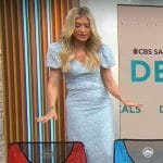 Ashley Bellman’s light blue lace midi dress on CBS Mornings