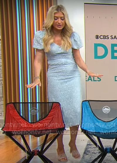 Ashley Bellman's light blue lace midi dress on CBS Mornings