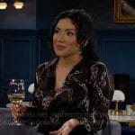 Audra's black chain print button down blouse on The Young and the Restless