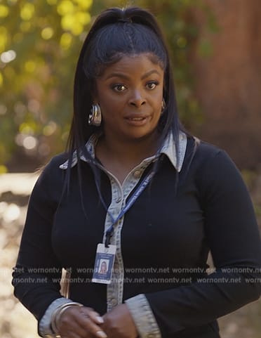 Ava's black denim trim shirt and earrings on Abbott Elementary