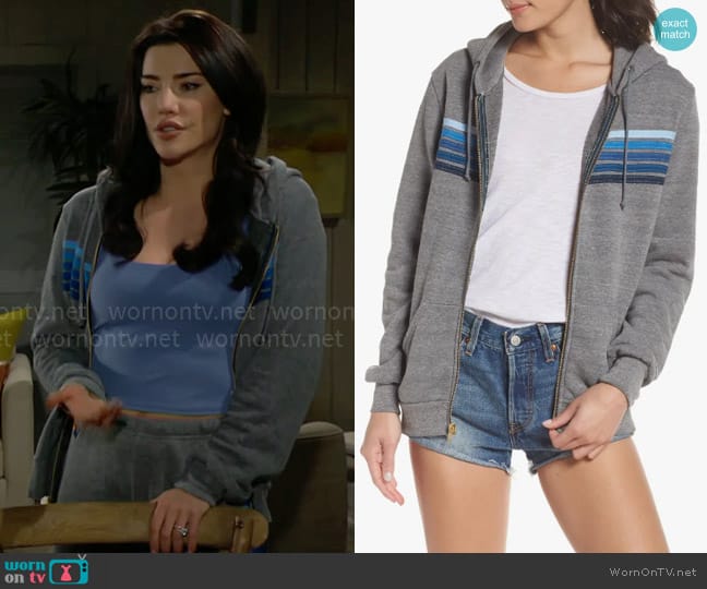 Aviator Nation 5-Stripe Zip Hoodie in Heather Grey/ Blue Stripes worn by Steffy Forrester (Jacqueline MacInnes Wood) on The Bold and the Beautiful