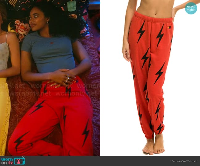 Aviator Nation Bolt Stitch Repeat Sweatpants worn by Tabitha 'Tabby' Hayworth (Chandler Kinney) on Pretty Little Liars Original Sin