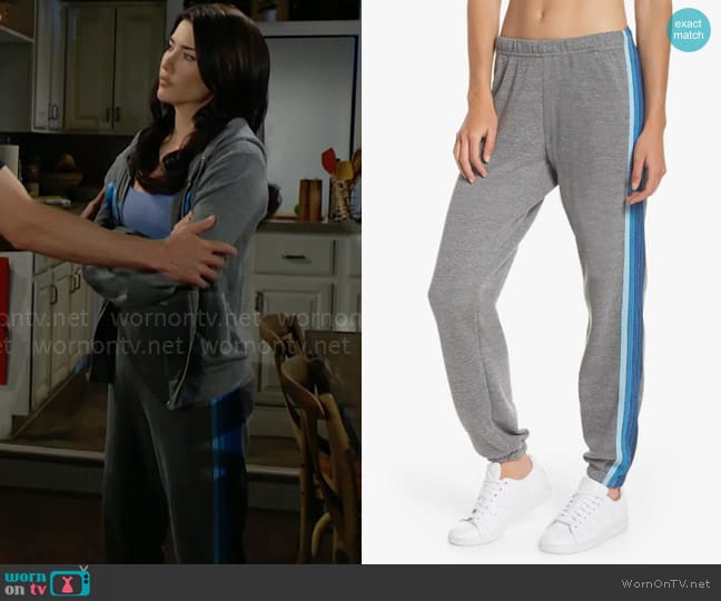 Aviator Nation Stripe Sweatpants in Heather Grey/ Blue Stripes worn by Steffy Forrester (Jacqueline MacInnes Wood) on The Bold and the Beautiful