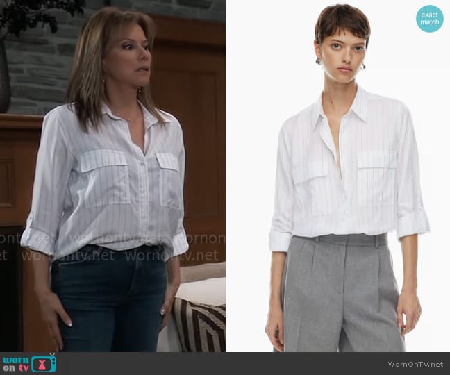 Babaton at Aritzia Utility Shirt in Wd Pnstrp White/Navy worn by Alexis Davis (Nancy Lee Grahn) on General Hospital