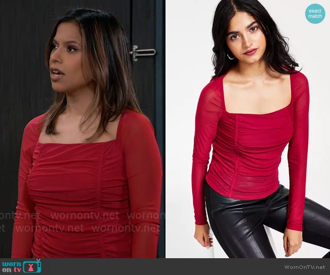 Bar III Square-Neck Ruched Mesh Top worn by Alison 'Blaze' Rogers (Jacqueline Grace Lopez) on General Hospital