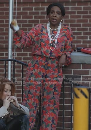 Barbara's red floral print top and pants on Abbott Elementary