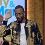 Jay Pharoah’s black and gold metallic jacket on Live with Kelly and Mark