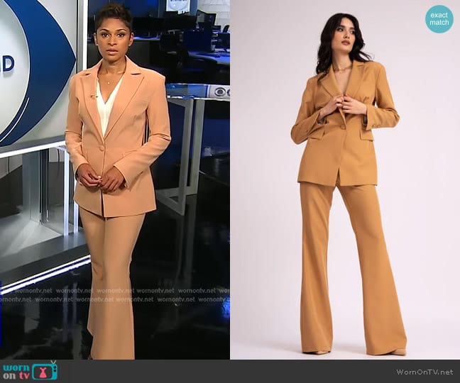 Bluzat Camel Suit With Slim Fit Blazer And Flared Trousers worn by Jericka Duncan on CBS Evening News