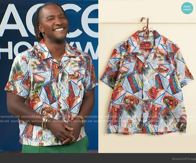 Bode Seersucker Postcard Short Sleeve Shirt worn by Scott Evans on Access Hollywood