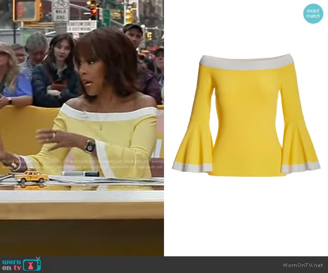 Boston Proper Colorblock Flare Sleeve Sweater in Yellow/White worn by Gayle King on The Drew Barrymore Show